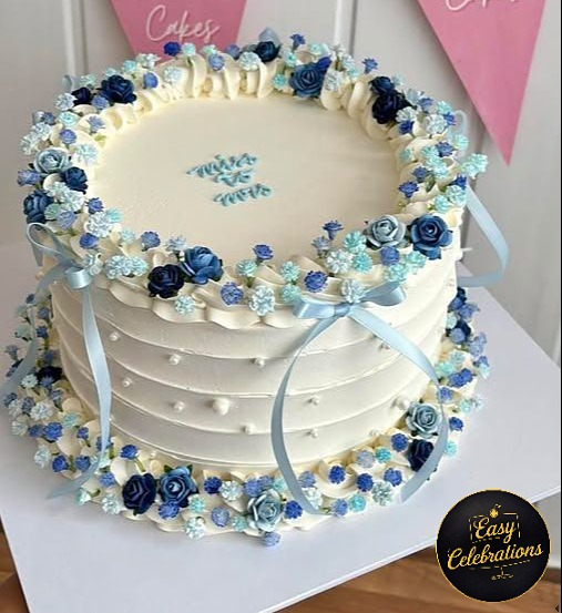 Blue flower Pearl Ribbon Cake