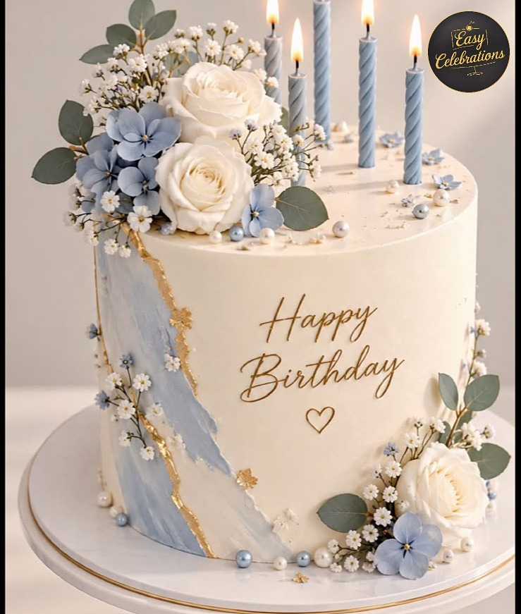 Elegant Dusty Blue Floral Birthday Cake