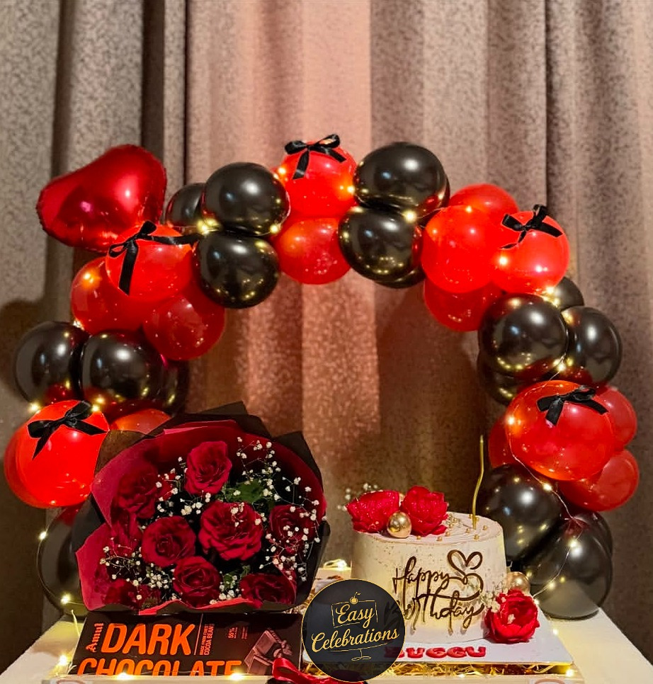 Luxury Birthday Celebration Hamper – Cake, Roses, Chocolates & Balloon Arch