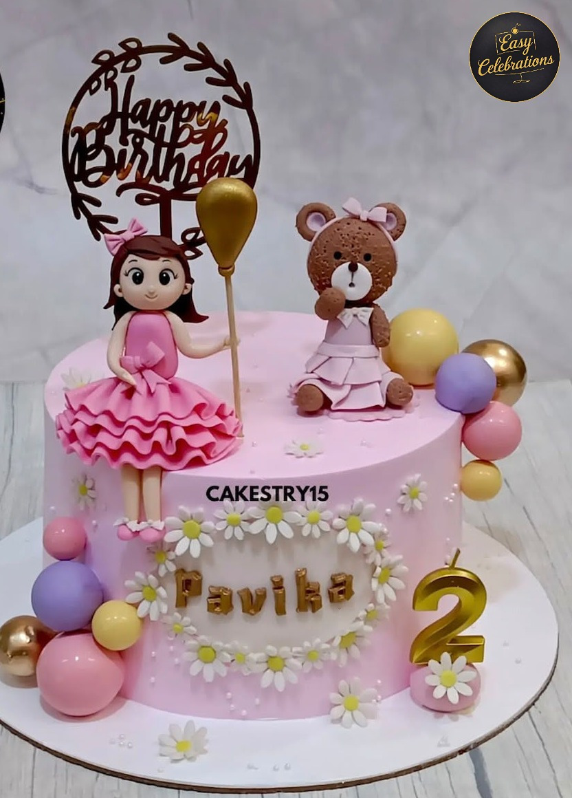 Pink Teddy & Doll Birthday Theme Cake