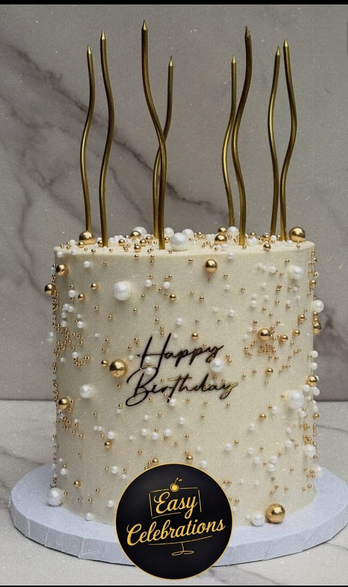 White & Gold Pearl Birthday Cake